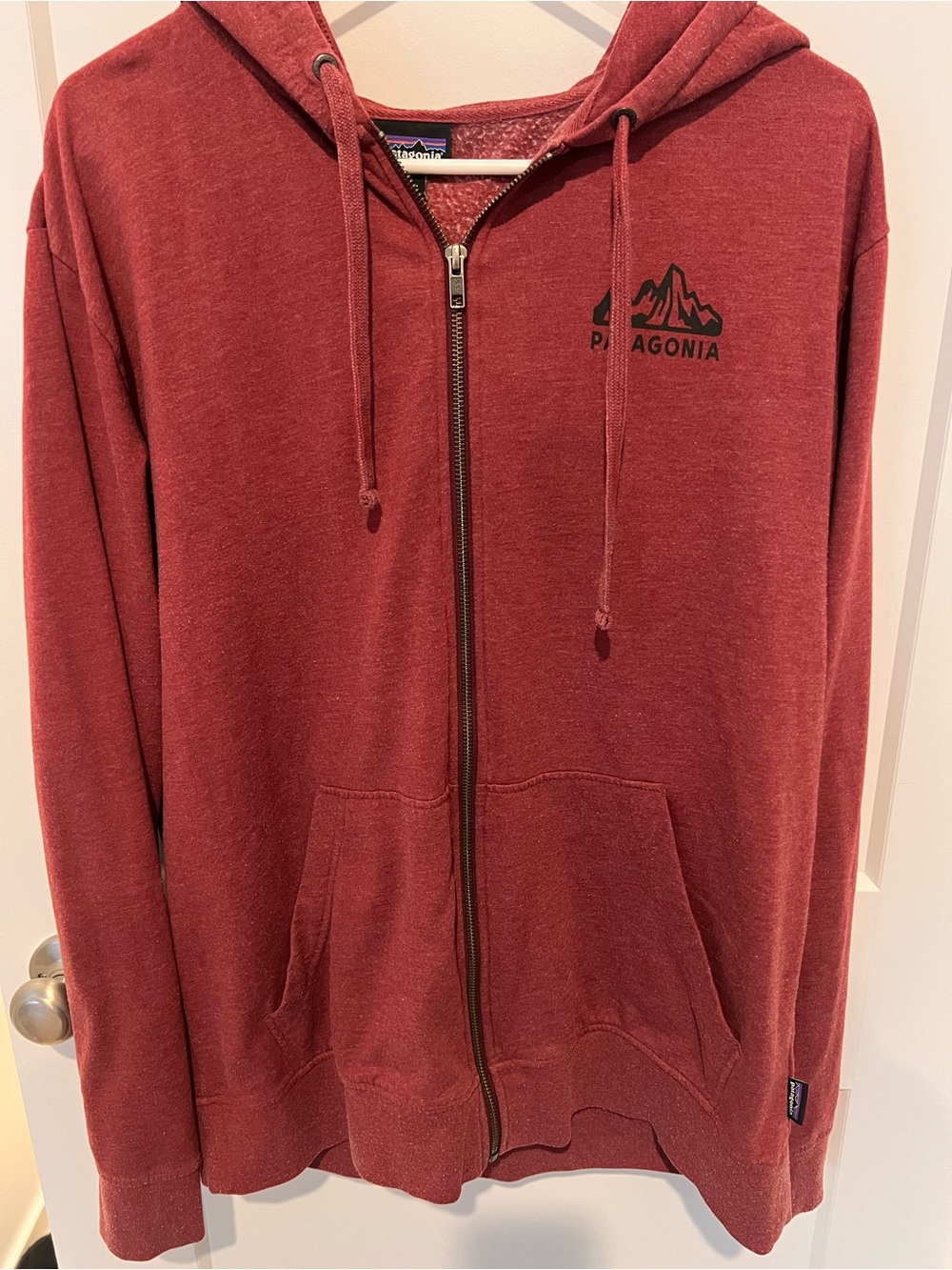 Patagonia Red Zip-Up Hoodie with Mountain Logo